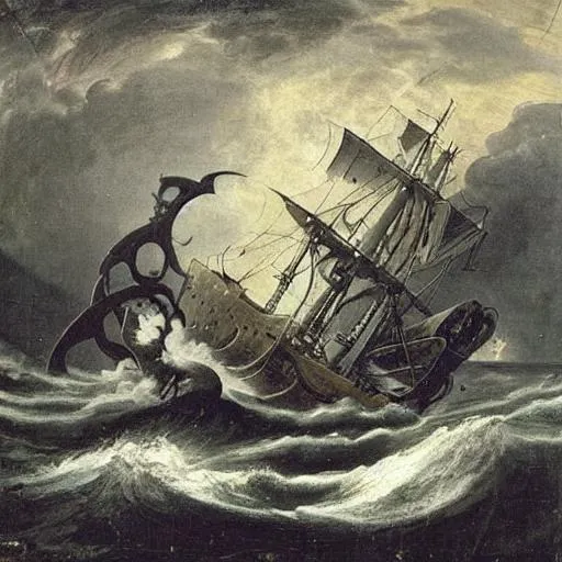 a painting of a ship in a stormy sea, dark ambient a... | OpenArt