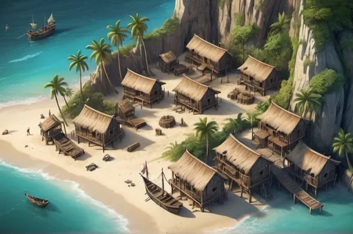 Prompt: Fantasy Illustration of pirat camp, entire settlement, surrounded by wooden palisades, bird view, immersive world-building, high quality, detailed, epic scale, fantasy, lying on the beach of a tropical island