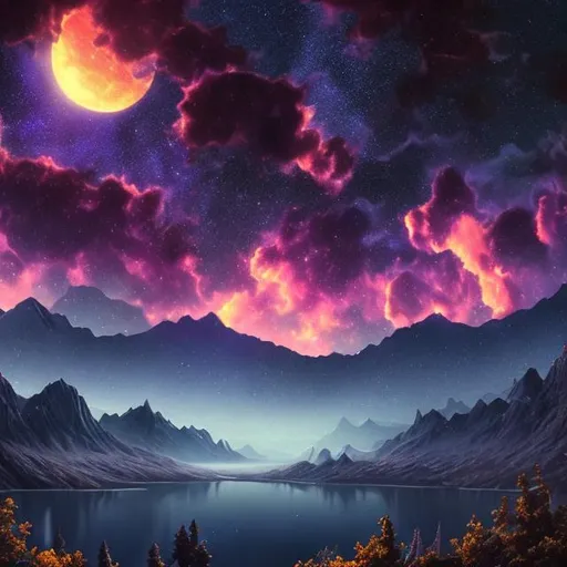 Prompt: (extremely detailed) (hyper realistic) (sharp detailed) (cinematic shot) (masterpiece) centered, moonlight, supernova explosion, night sky, mountains, river, stars , goddess, 1girl, 3D illustration, high resolution, reflactions.
