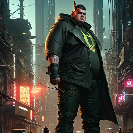 Prompt: bulky obese mal elf with pointy elvisch ears, triangular long face, high cheekbones, big belly, oversized bottom, slim shoulders, thin  legs,  wearing a jumpsuit, cyberpunk, industrial, epic photography, hyperrealism, by juan gimenez