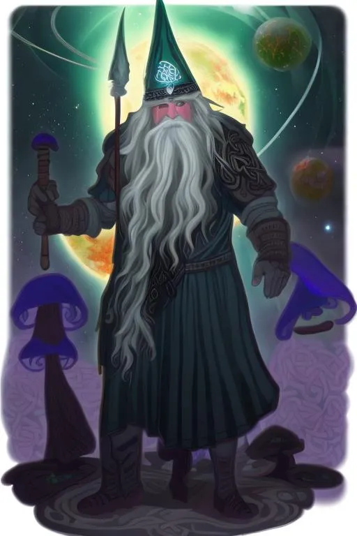 Prompt: Celtic pagan space city. Wizard.