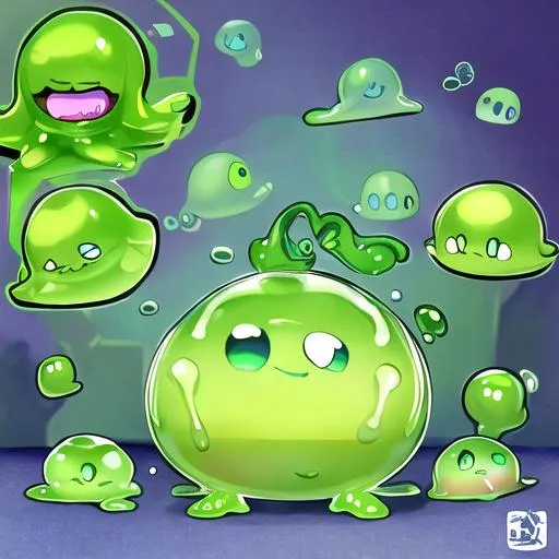 Prompt: slime pet, slime companion, friend, green, videogame, cute, monster, creature, king, magic, scrunkly