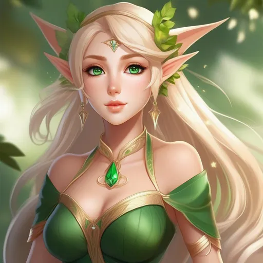 Prompt:  anime waifu character as an  elf, extremely tanned embodying beauty and allure. Give her a unique touch with wide hips and thick thighs, enhancing her graceful and alluring presence. Craft an outfit that seamlessly blends fantasy and elegance, reflecting her elven heritage while accentuating her captivating figure. Small elf ear, blonde hair, green eyes