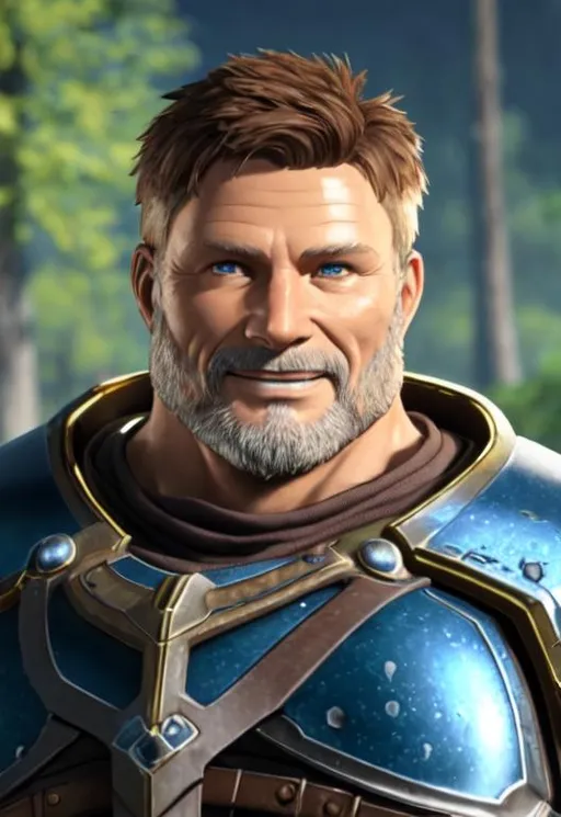 Prompt: Digital Art, 45-year-old viking man, brown hair, subtle smile, trimmed beard, short trimmed mustache, brown eyes, blue gear, yellow armor, unreal engine 8k octane, 3d lighting, full body, full armor