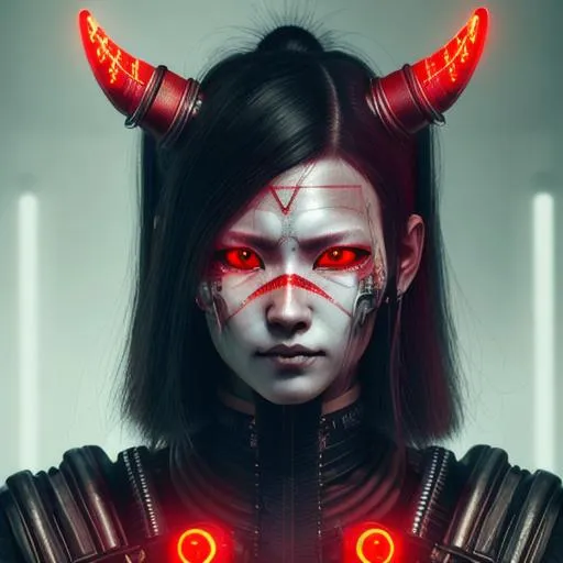 Prompt: Ultra detailed portrait of cyberpunk female samurai with demon horn and glowing red eyes

