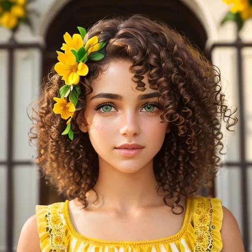 Prompt: A girl with curly brown hair ,green eyes, wearing yellow, yellow flower in her hair, facial closeup