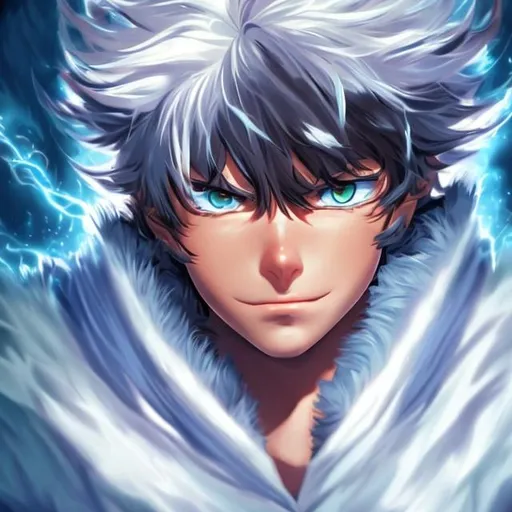Prompt: hyperrealistic portrait of anime hero white hairs ocean blue eyes
purple thunders in background