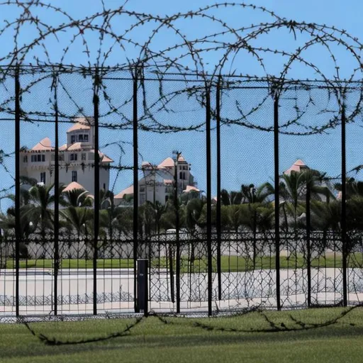 Prompt: The Trump Mar-a-lago resort  in West Palm Beach as a prison with razor wire fences 