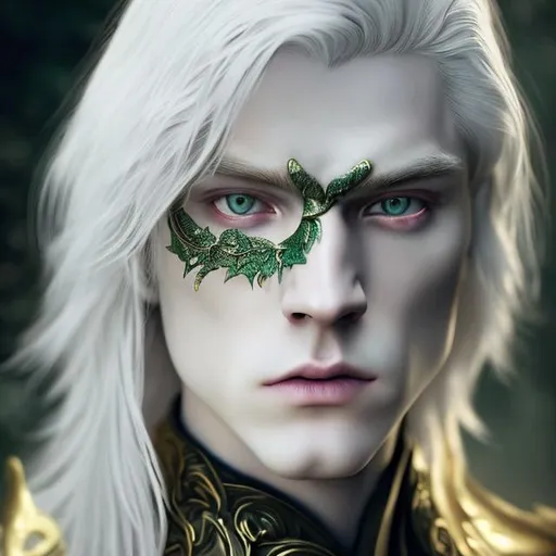 Prompt:  8K, HD, 3D, portrait of beautiful albino male, photorealistic, noble handsome male, proud pose dynamic,pale beautiful face, grey stunning eyes, extra long white straight hair, elegant green wizard clothes, intricate, detailed, charming male, light contrast, noble, perfect anatomy, gothic dark room ambient, perfect male beauty, golden ratio