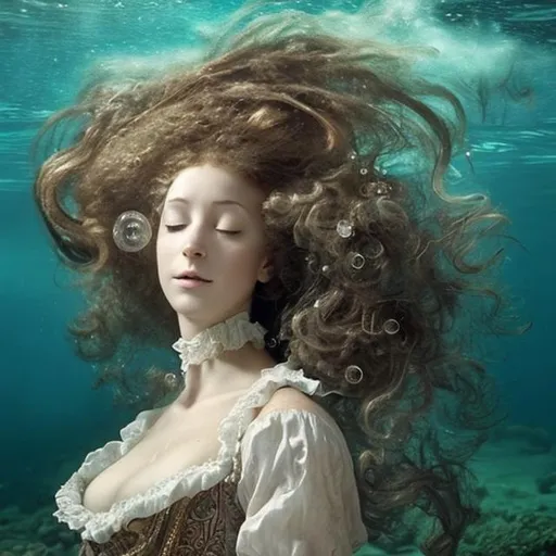 Prompt: woman in 18th century dress underwater sleeping.  hair, elaborate hair, fabric, lace, bubbles.