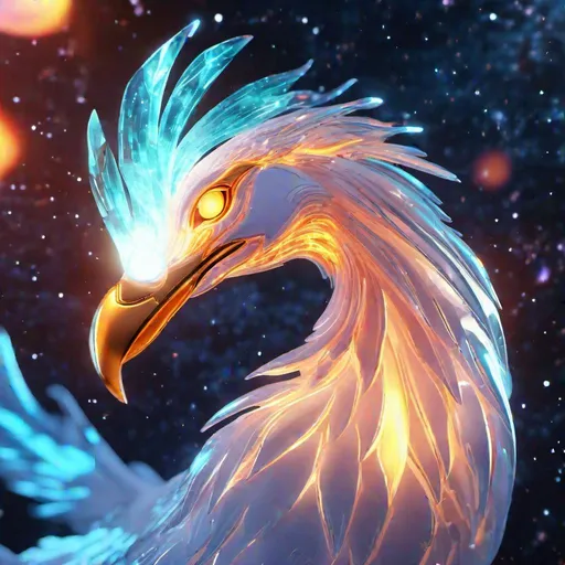 Prompt: Headshot of A crystal-clear glass 
white bioluminescent flaming phoenix that is glowing, nebula fireballs and lava, beneath the stars, sunset, highres, best quality, concept art, 8k