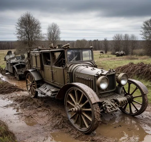 Prompt: A battered steampunk war carriage on the battlefields of ww1. barbed wire, trenches, dead soldiers and horses litter the muddy and destroyed terrain. Burned tree stumps smoilder in the background.