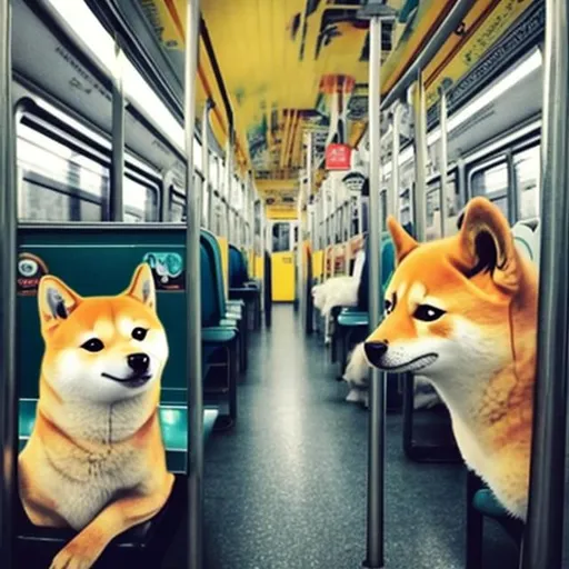 Prompt: one picture in wich train is moving and doge , shiba ,floki, pepe on the train