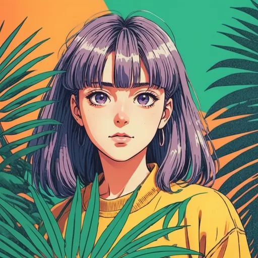 Prompt: 90's anime, palm leaves, hand-drawn, filter grain, colorful, saturation