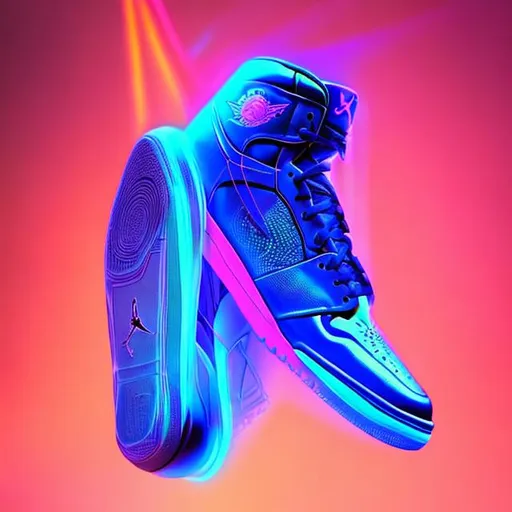 Prompt: Step into a futuristic realm where Air Jordan shoes take on a holographic form. The image showcases the shoes as if projected from a cutting-edge technology, with a mesmerizing display of vibrant colors and geometric patterns. The holographic shoes seem to hover in mid-air, emanating a soft glow that casts futuristic reflections on the sleek, minimalist surroundings. The style combines elements of sci-fi and minimalism, creating a sense of awe and wonder. The lighting is precise, with subtle highlights and shadows adding depth and realism to the holographic representation. 