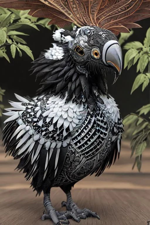 Prompt: A black and white colored chicken. Intricate details. Art by  Robert Bissell,  dariusz zawadzki, andreja peklar, ivan shiskin. Highly detailed. Cinematic, polished finished. 3d.  