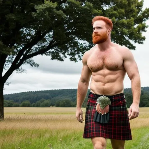 a red-haired hairy chested well built man wearing a...