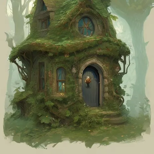 Prompt: A small wizard's house covered in ivy deep in the woods, D&D concept art, artstation