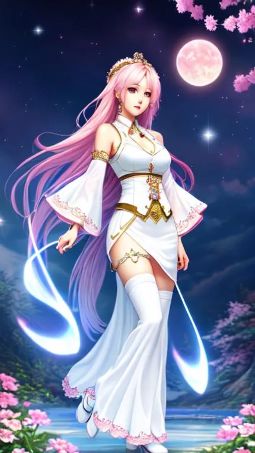 Prompt: oil painting, , UHD, 8K, Very Detailed, detailed face, full body character visible, jung goddess character with ethereal fantastical light skin & pink hair, she has visible eyes, sleeveless short white dress, white thighhighs with corean lips and japanese
 eyes
crying 
