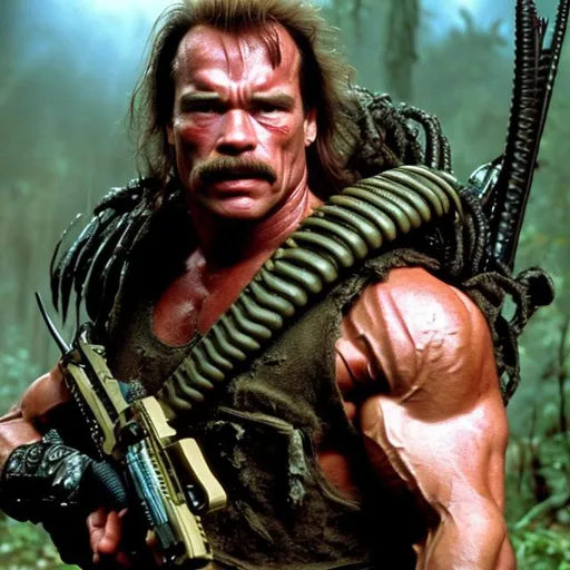 Prompt: Dutch from the movie Predator played by an age 30 Arnold Schwarzenegger with a thick mustache.