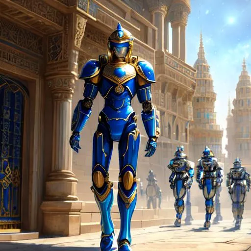 Prompt: create most beautiful photograph of most beautiful fictional, persian, human, robot, royal,soldier, blue, white, golden, futurism, extremely, detailed environment, detailed background, intricate, detailed skin, natural colors , professionally color graded, photorealism, 8k, moody lighting.