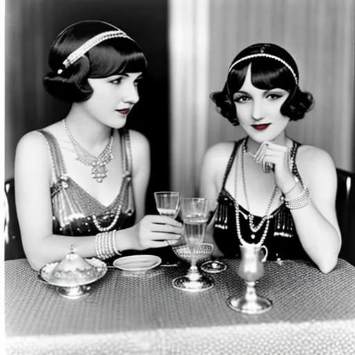 Prompt: Two 1920s  Flappers with diamond headpiece sitting at a table drinking tea