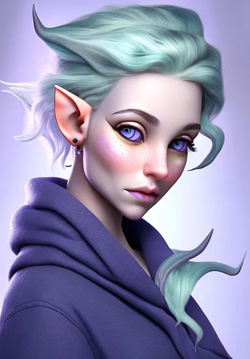 Prompt: change the color of her skin to silvery blue silver without changing the original, she is a female elf wizard with piercings, maker her photo realistic, with nose piercing and short elf ears