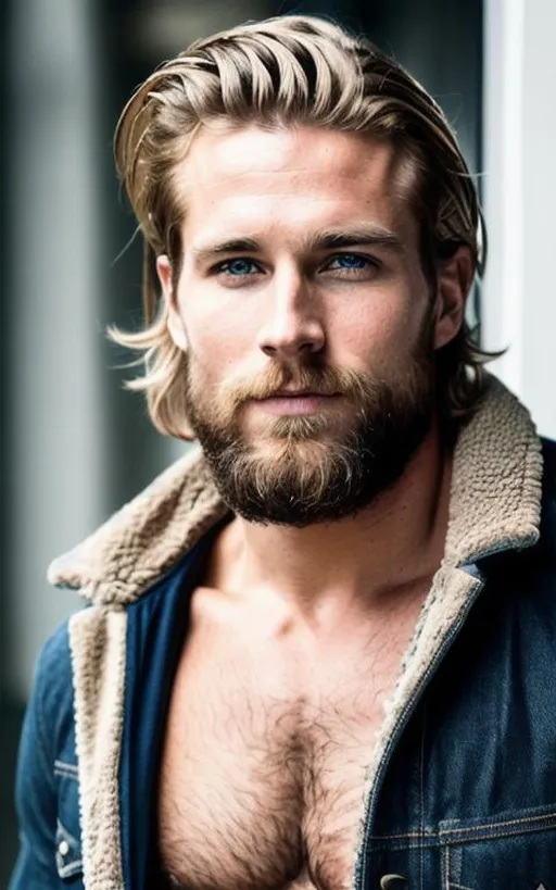 Prompt: Long-shot photo of a ruggedly handsome 30 year old Nordic god with strong facial similarity with the image reference  adding hairy chest, short blond hair, very detailed eyes,  centered in frame, 85mm lens, f8, photography, intricate details, very detailed eyes, correct perspective, natural light