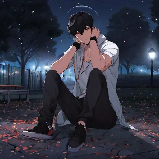 Prompt: Damien (male, short black hair, red eyes) in the park at night, casual outfit, dark out, nighttime, midnight, on his knees, screaming in pain, hands on his head