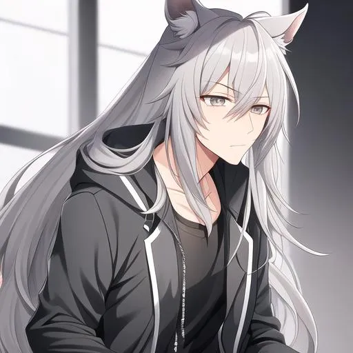 Prompt: Your OC is a little mangled horse, with gentle ash-gray eyes. He has long grey hair. Masculine anime style