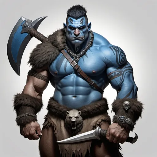 Prompt: Muscular Half-Orc Barbarian with black mohawk haircut and a huge  bear tribal tattoo on his right shoulder. Wears a bear-skin cloak dyed blue and a bear-claw necklace. Holding a massive double-headed axe