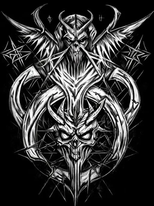 Prompt: Act like a  professional graphic designer with a creative mind, and draw something similar as the image provided. I need dark satanic with mystic symbols artworks with transparent background 