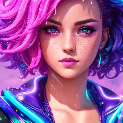 Prompt: vaporwave aesthetic digital painting with neon purple lighting of a girl with very short pink hair , serious, wet hair, slim, fit, hdr, uhd, 8k, highly detailed, professional, vivid colors, punk rockmajestic , exuberant, on a beach, realistic, detailed, high fantasy, concept art, lush, vibrant, freckles. Galaxy Space.  little girls at a party. 