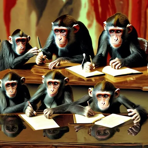 Prompt: Monkeys and crocodiles signing laws in oil
