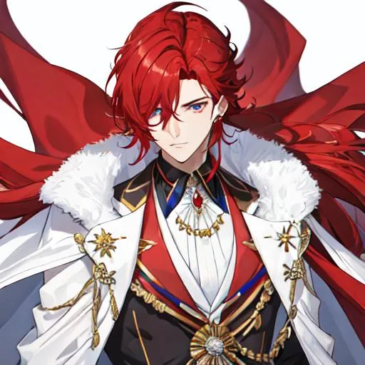 Prompt: Zerif 1male (Red side-swept hair covering his right eye) wearing a royal suit, white cape, 