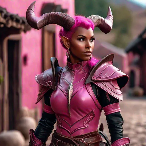 Prompt: D&D pink tiefling female with small curved horns,  walking through a village, highly detailed, professional, render, Sharp focus, HD, UHD, HDR, hyper realistic, leather armor, 