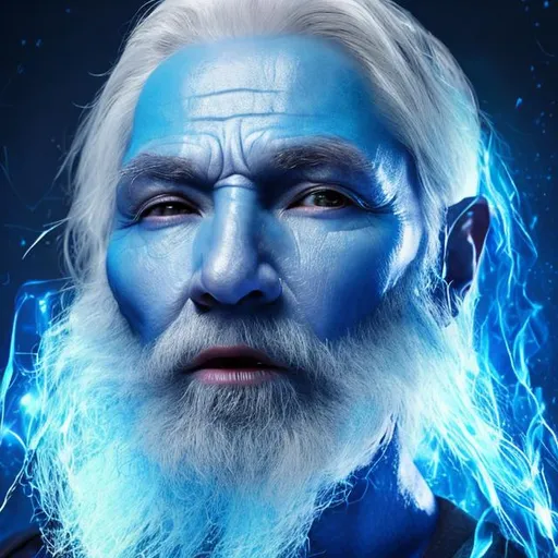 Prompt: 55-year-old male sorcerer
BLUE SKIN
headshot no horns
white hair