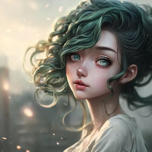 Prompt: extremely realistic, hyper detailed, long green wavy hair in a messy bun anime girlhighly detailed eyes,  full body, whole body visible, full character visible, soft lighting, high definition, ultra realistic, digital art