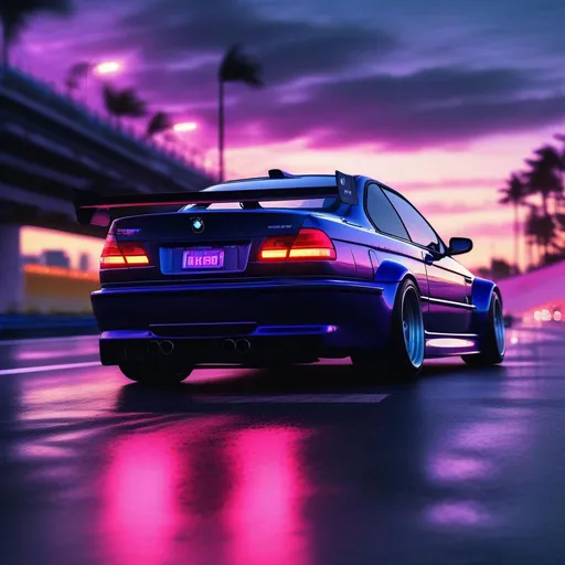 Prompt: 2001 BMW M3 E46 GTR, synthwave, aesthetic cyberpunk, miami, highway, dusk, neon lights, coastal highway, dusk, neon lights, coastal highway, sunset, drift, nurburgring, water on the road, blade runner, 8k, watercolor, macro sharp focus, 8, hyper realistic, cinematic