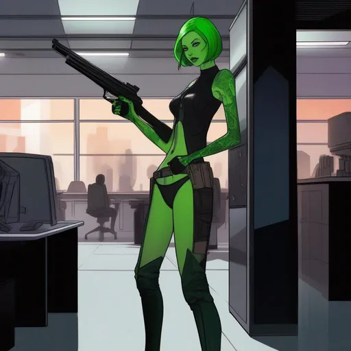 Prompt: a slender woman miralan enforcer. green skin. sith tatoos on face. She wield a pistol. sneaky behavior. In background a scifi office. Star wars art. Rpg art. anime art. 2d. 2d art.