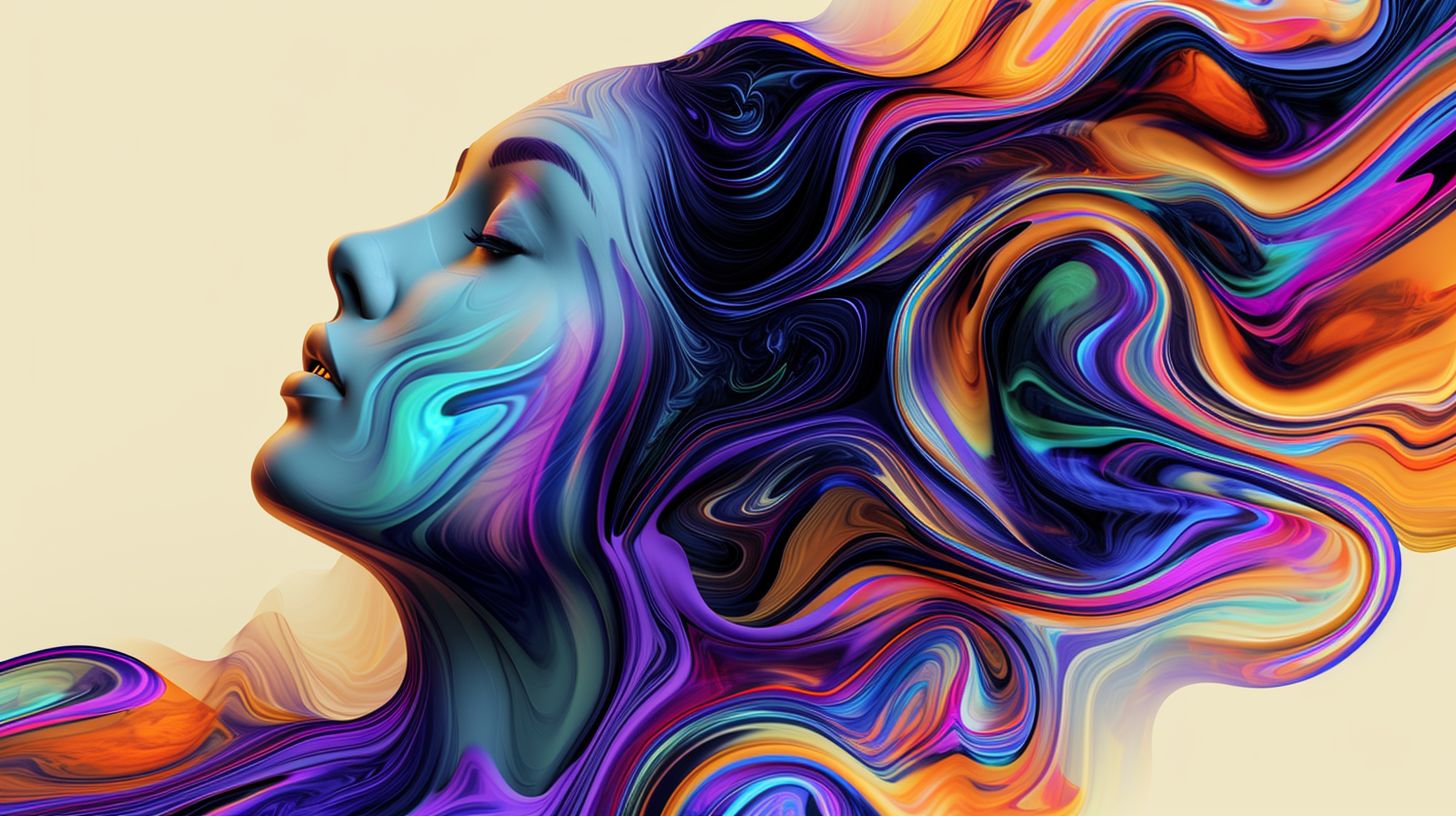 Prompt: 3d digital photography design for a woman's head, in the style of swirling colors, split toning, hyper-realistic oil, flowing lines, detailed character illustrations, colorful mindscapes, matte photo