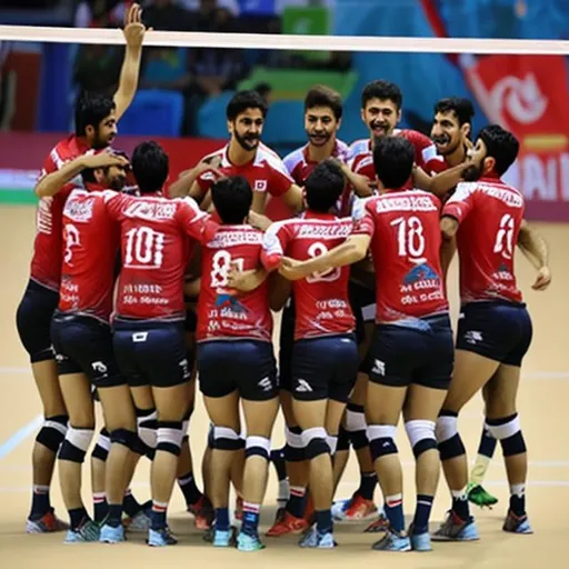 Prompt: Iran's volleyball team won the championship in Asia in Urmia city stadium against South Korea