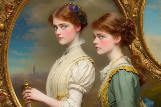 Prompt: Edwardian painting, beautiful young woman with brown hair and blue eyes  standing beside Prince