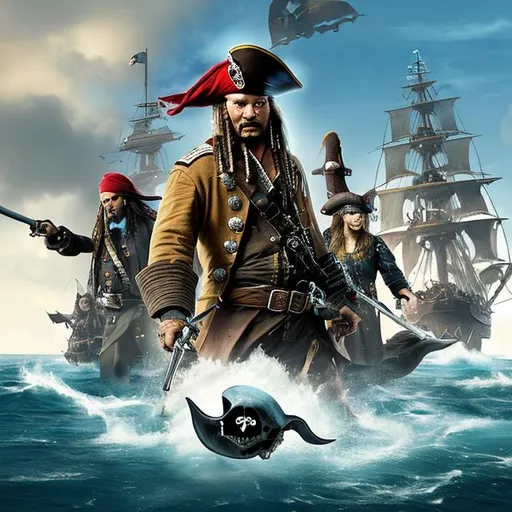 Prompt: A captain and his crew ride through the ocean on a large pirate ship. In the distance, they can see a fleet of navy ships. The pirates ready themselves for what may be their final battle. The captain pulls a cutlass out and points it at the enemy. Looking ahead he is completely stone-faced