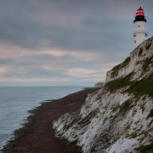 Prompt: Photo of a lighthouse next to chalk cliffs, in the morning, natural light, in the sky, neutral colours.