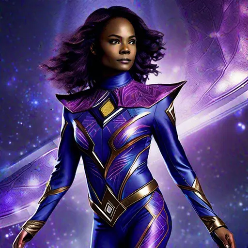 Prompt:    FEMALE POWER RANGERS|Attire: Indigo's attire is a sleek purple suit with ethereal patterns, resembling a cosmic tapestry. The suit is accented with iridescent highlights, symbolizing her connection to the mysteries of the universe. It emanates an air of intrigue and wisdom.
Cape: Indigo's cape is a flowing indigo fabric with shimmering cosmic patterns, evoking the depths of the night sky. It billows behind her, leaving trails of stardust in its wake, reflecting her enigmatic presence.

Symbol: Indigo's symbol is a nebula, representing the vastness of space and the mysteries that lie within. It signifies her role as the guardian of secrets and the team's connection to the cosmic forces.
