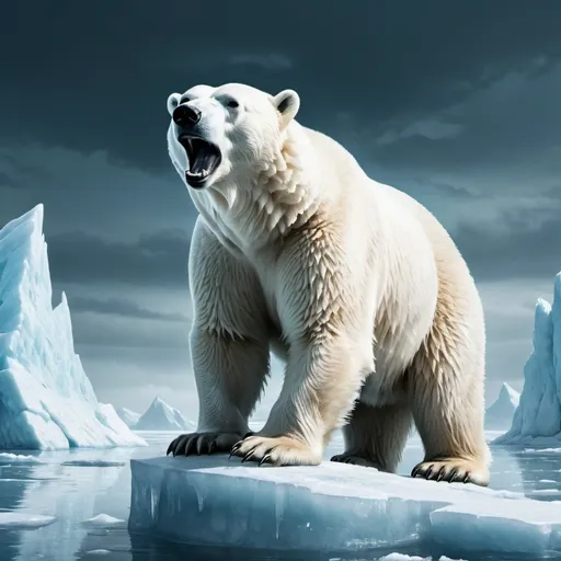 Prompt: Fantasy Illustration of a polar bear, threatening pose on a ice floe, dangerous atmosphere, high quality, rpg-fantasy, detailed, intense, 