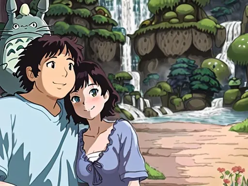 Prompt: detailed lovely faces,  beautiful big eyes, a pair of couple, happy smiles, a detailed Totoro in background, waterfall and grass background, movie scene in Studio Ghibli style