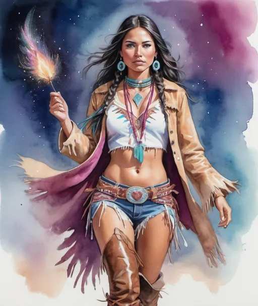 Prompt: native american cowgirl, beautiful face, stunning features, full body, cowboy boots, leather duster, jade bolo, running pose, casting a magic spell, illustrated, painting, watercolor, blue and magenta, glitter