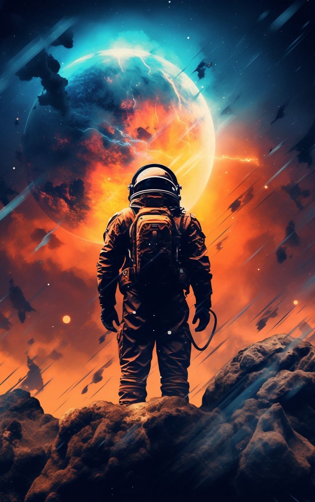 Prompt: an interesting photo of someone with an orange helmet, looking at the sky and an nebula, in the style of detailed character design, synthwave, victorian-inspired illustrations, rendered in cinema4d, bold, colorful portraits, expansive landscapes, poster art